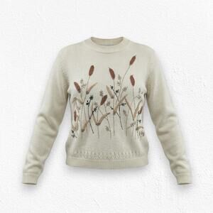 Vintage 90s Nature Knit Sweater Cozy Neutral Cattail Print Size Medium